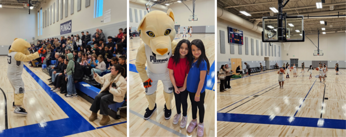 Girls basketball game with fans in new gym with mascot posing and players practicing on court