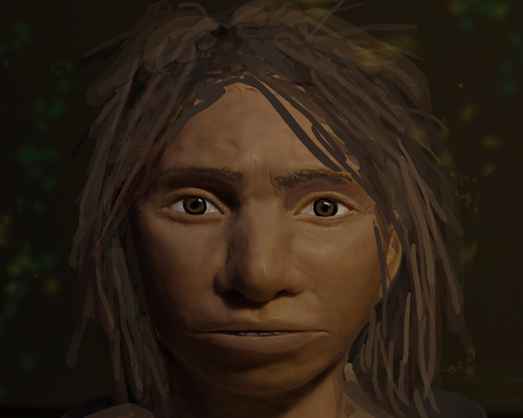 An illustration of a Denisovan’s face from the shoulders up, with intent brown eyes staring squarely ahead. 
