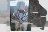 A compilation of images including a picture a young Palestinian woman and a map of southern Gaza