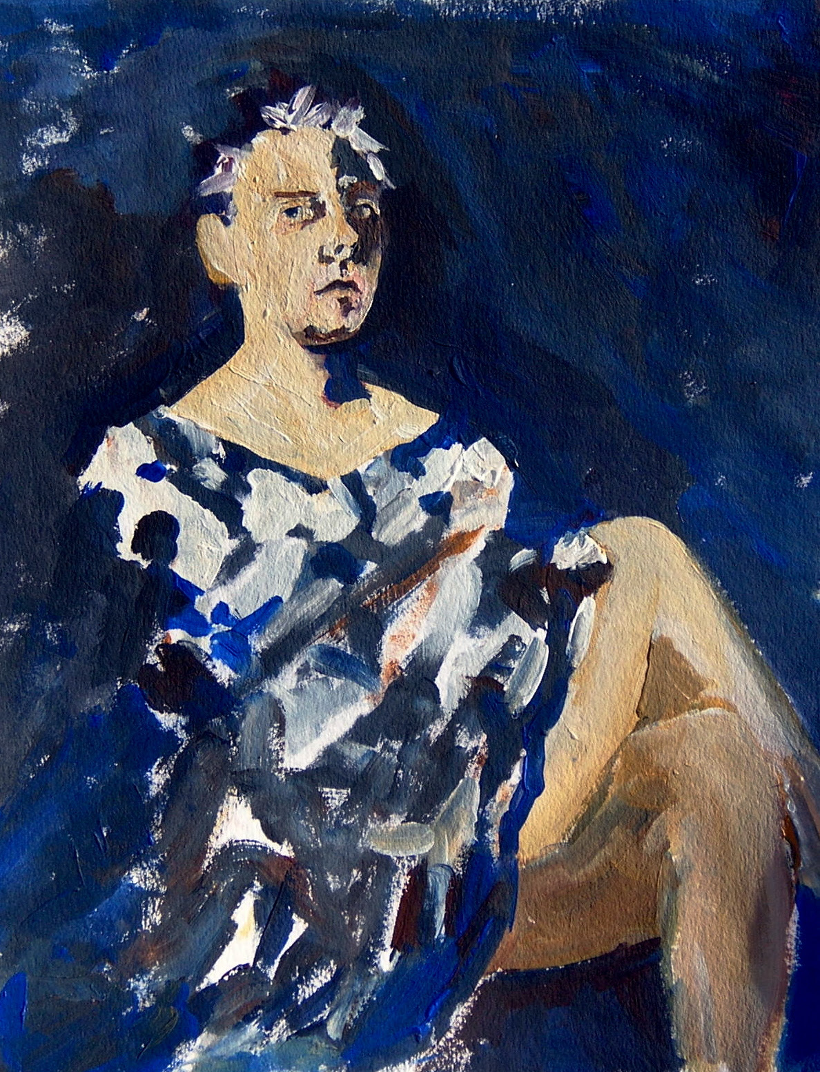 A painting of a woman wearing a white, blue, and grey dress, her expression somewhat solemn and forelorn, her legs crossed. The background is a shifting blend of dark blue and black.