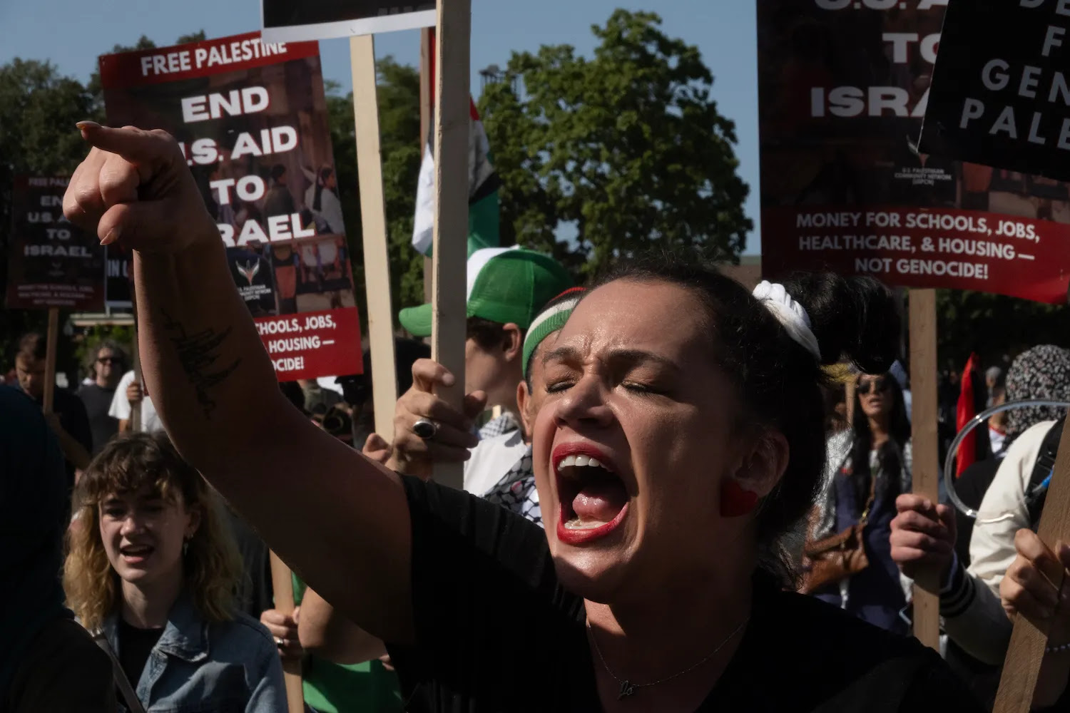 Pro-Palestinian demonstrators rally in protest over the war in Gaza near the United Center in Chicago, Illinois, where the Democratic National Convention is taking place, on Aug. 21. (Scott Olson/Getty Images)