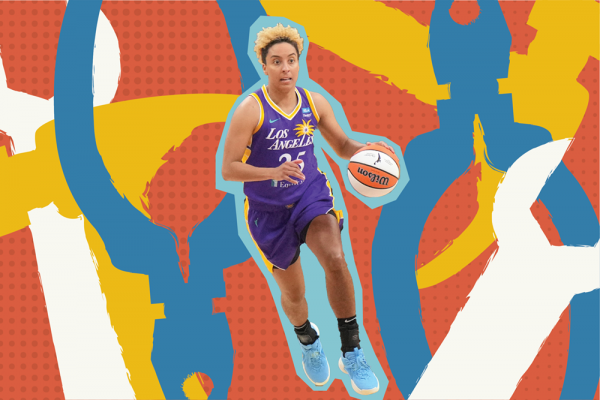 Black person with short blond hair in purple basketball uniform dribbles basketball.