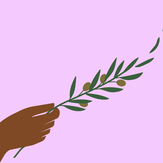 An illustration of a hand holding an olive branch. Green leaves are floating off the branch and turning into little birds.