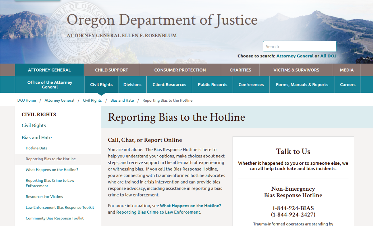 Oregon Bias otline webpage.