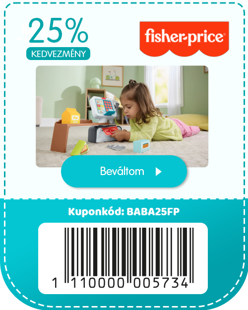 Fisher-Price coupon 25% off: toddler playing with Fisher-Price toy cash register; coupon code BABA25FP and barcode visible
