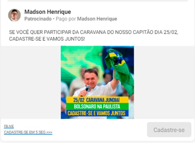 Publicação de Madson Henrique convocando para o ato pró-Bolsonaro