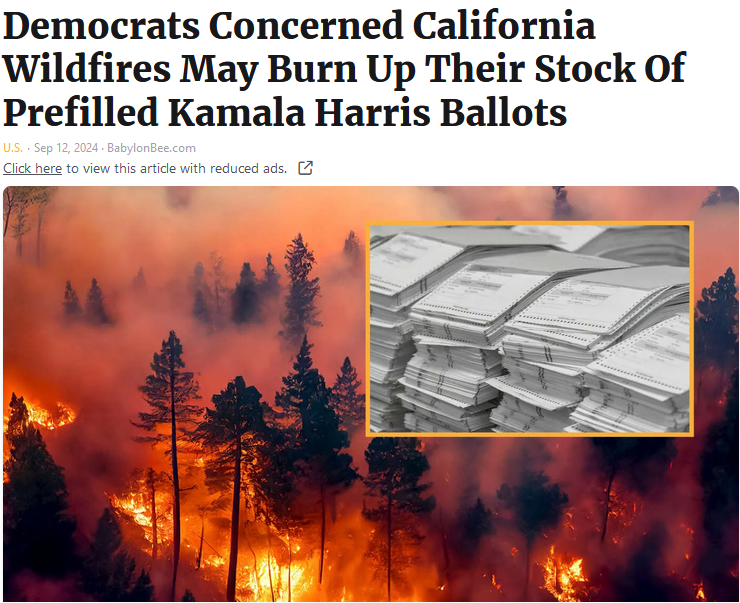 Fake headline saying that wildfires are threatening fake election ballots.