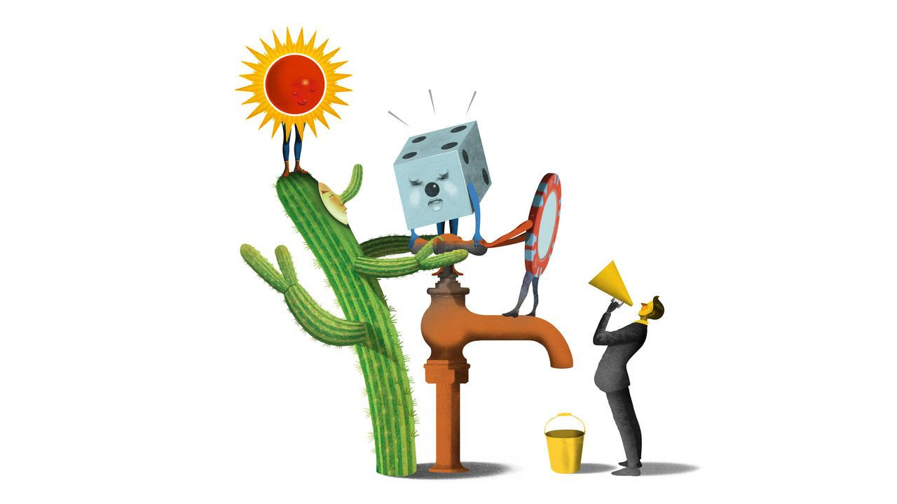 An illustration featuring a cactus, a dice, a casino chip and the sun trying to turn a tap to fill a bucket. At the same time a small man shouts through a megaphone.