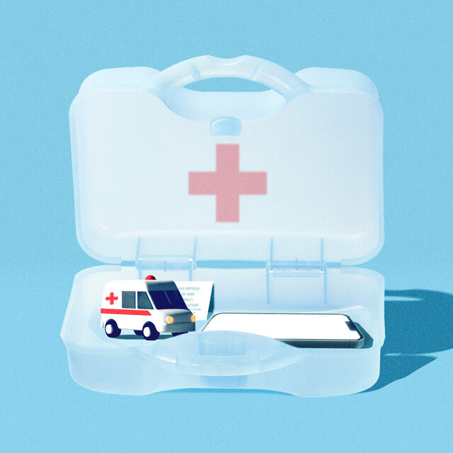 An illustration of a clear plastic medical case with a red cross on it. Inside the case are an ambulance, a laminated card and a cellphone. 