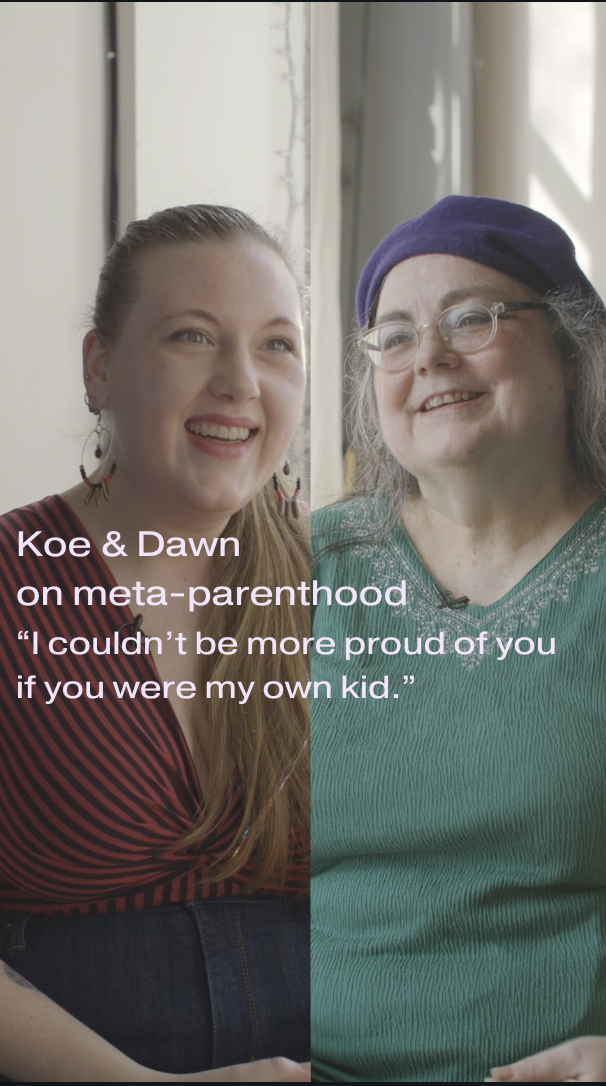 split screen: Koe and Dawn sitting and looking at eachother. Caption says: