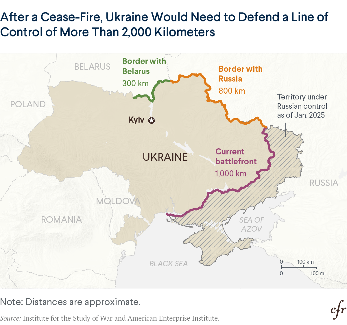 Chart: After a cease-fire, Ukraine would need to defend a line of control more than 2,000 kilometers.