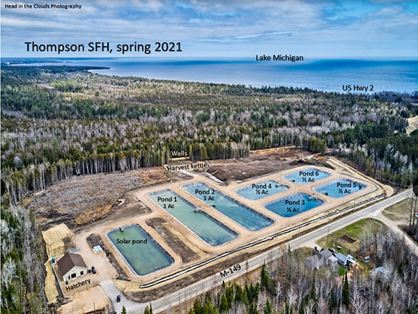 An aerial photo with labels shows the cool-water facility improvements at the Thompson hatchery.