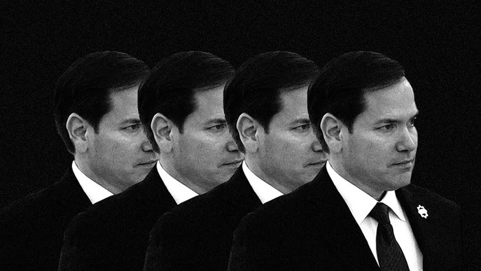 Four repeated images of Marco Rubio in front of a black background