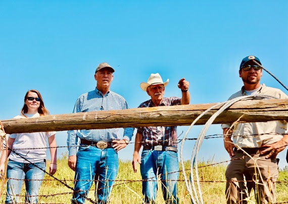 FWP’s Drew Henry, Katie Iverson and Gov. Gianforte receive a tour from long time block management landowner Leonard Swenson.