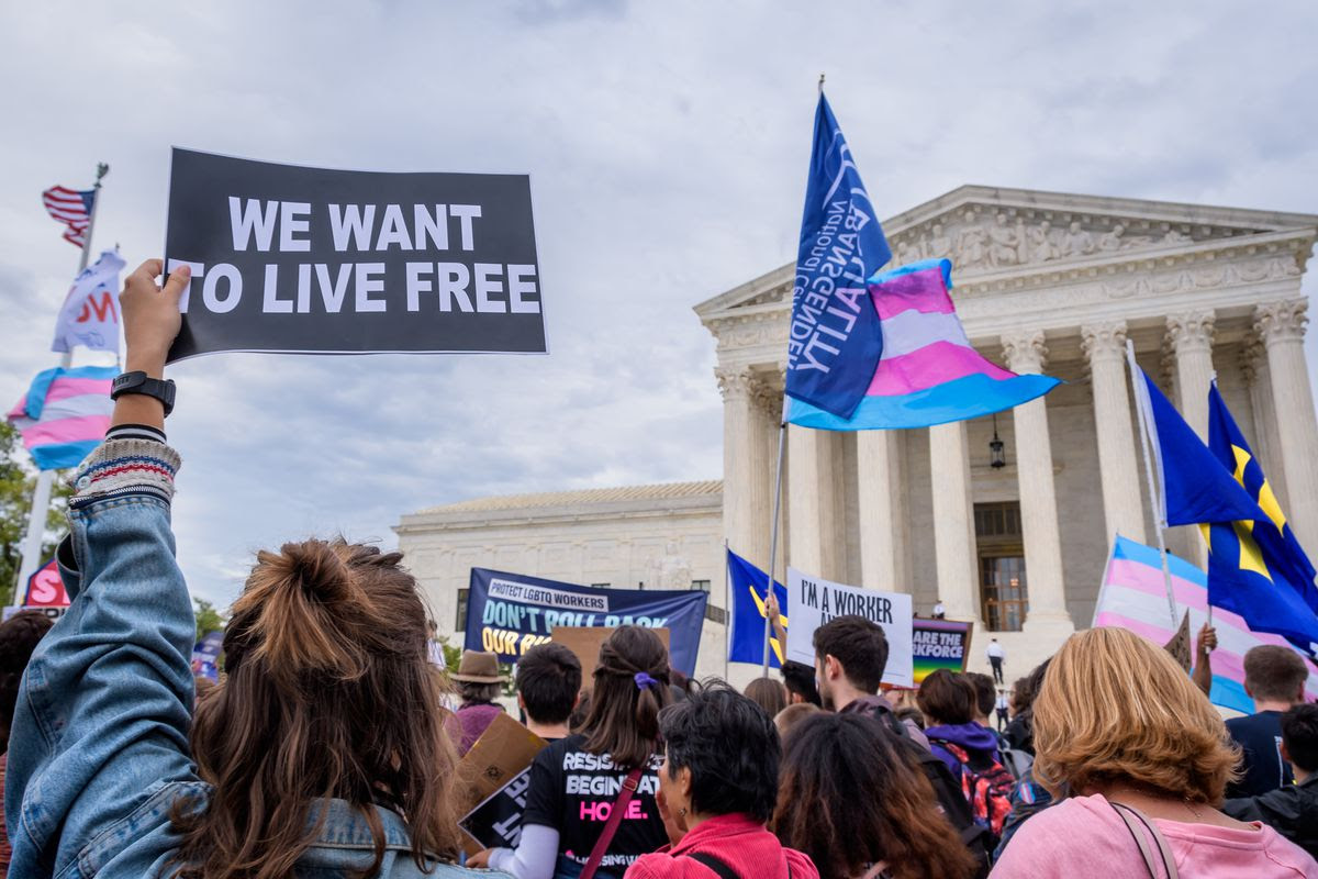 A person in a group of trans rights protesters outside the Supreme Court building holds a sign that reads, “We want to live free.”