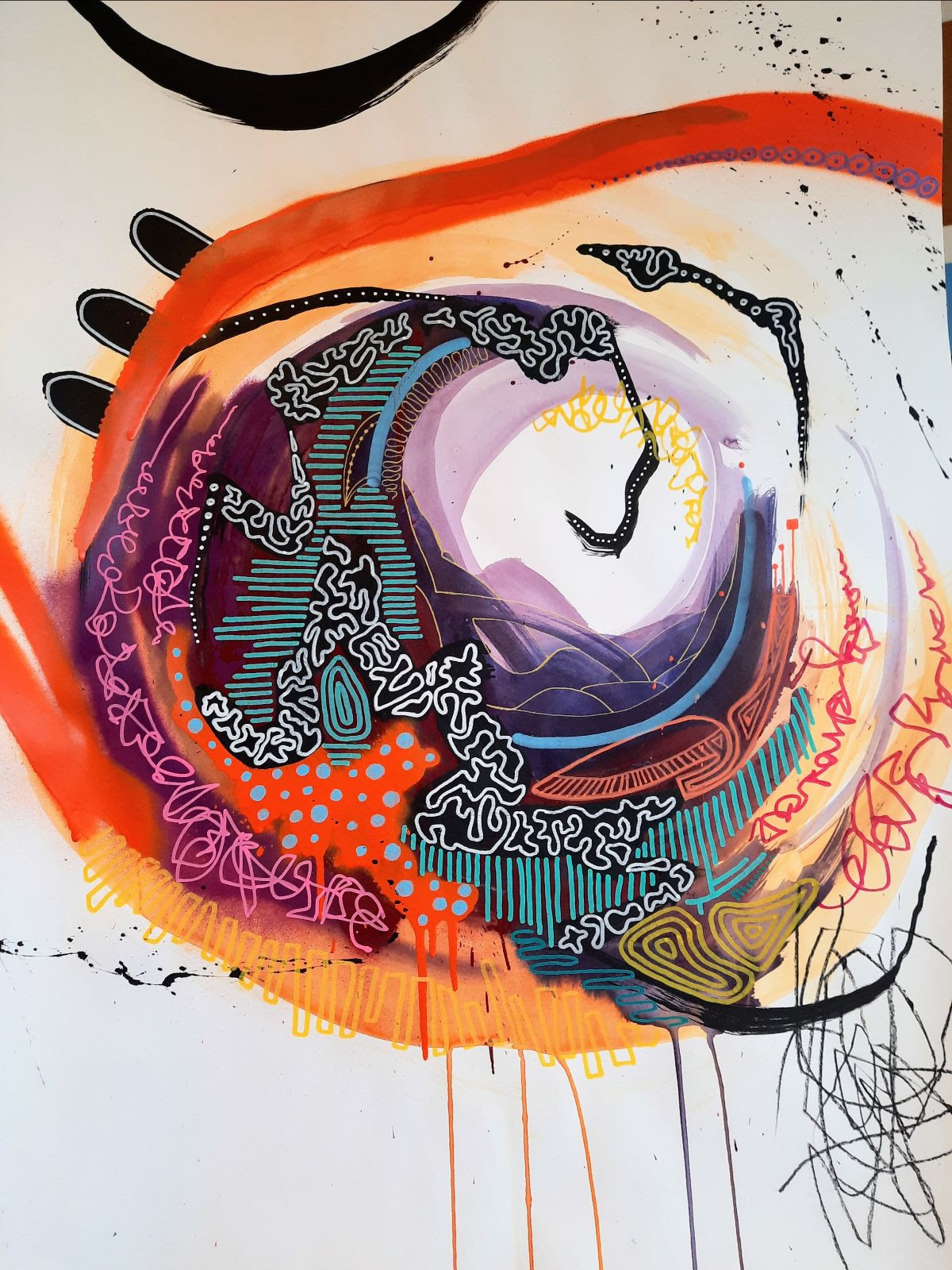 An abstract painting with a swirl of orange, purple, and light blue, with white in the centre and background, and what might be black fingers poking out from the top left of the swirl.