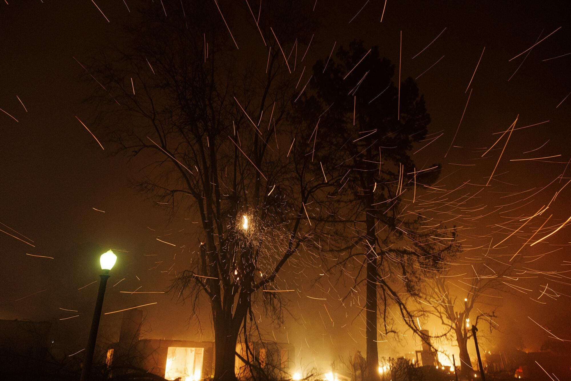 Streaks from moving embers are seen after dark amid silhouettes of trees.