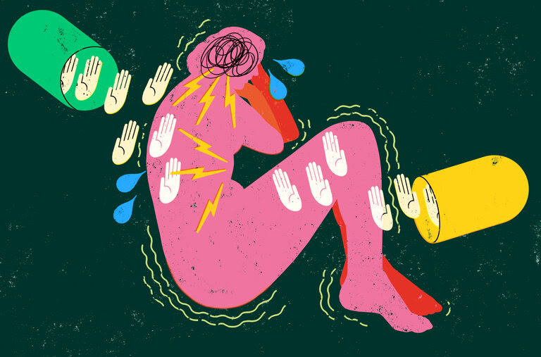 An illustration of a person lying curled up on the floor with vibrating lines, sweat droplets and lightning bolts to show their stressed state. Two halves of a pill are on either side of the person with hands emitting from each side to block the stress signals. 