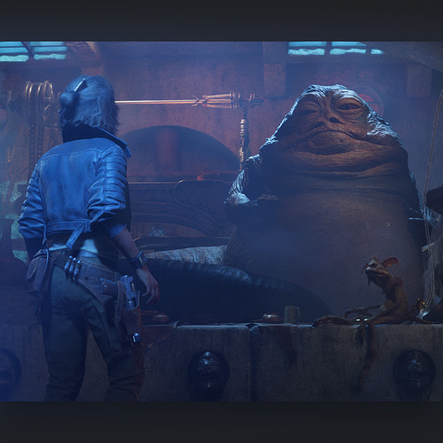 Star Wars Outlaws key art depicting Kay Vess standing before the alien characters Jabba the Hutt and Salacious B. Crumb in a dimly lit chamber.