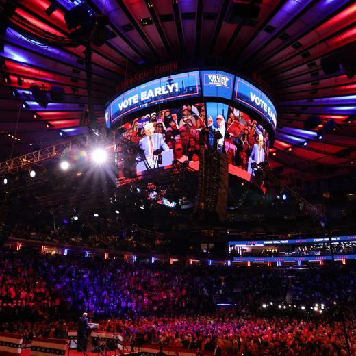 NEW YORK, NEW YORK - OCTOBER 27: Republican presidential nominee, former U.S. President Donald Trump speaks at a campaign rally at Madison Square Garden on October 27, 2024 in New York City. Trump closed out his weekend of campaigning in New York City with a guest list of speakers that includes his running mate Republican Vice Presidential nominee, U.S. Sen. J.D. Vance (R-OH), Tesla CEO Elon Musk, UFC CEO Dana White, and House Speaker Mike Johnson, among others, nine days before Election Day. Michael M. Santiago/Getty Images/AFP (Photo by Michael M. Santiago / GETTY IMAGES NORTH AMERICA / Getty Images via AFP)