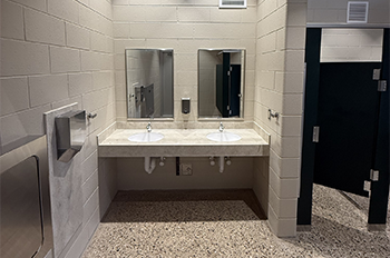 sink, mirror and stall in renoavted bathroom