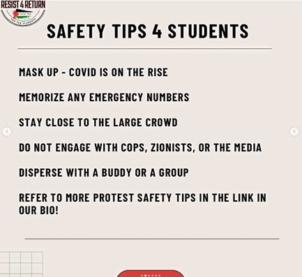 An Instagram post shared from CCNY’s Students for Justice in Palestine page. Language states: “DO NOT ENGAGE WITH COPS, ZIONISTS, OR THE MEDIA.”