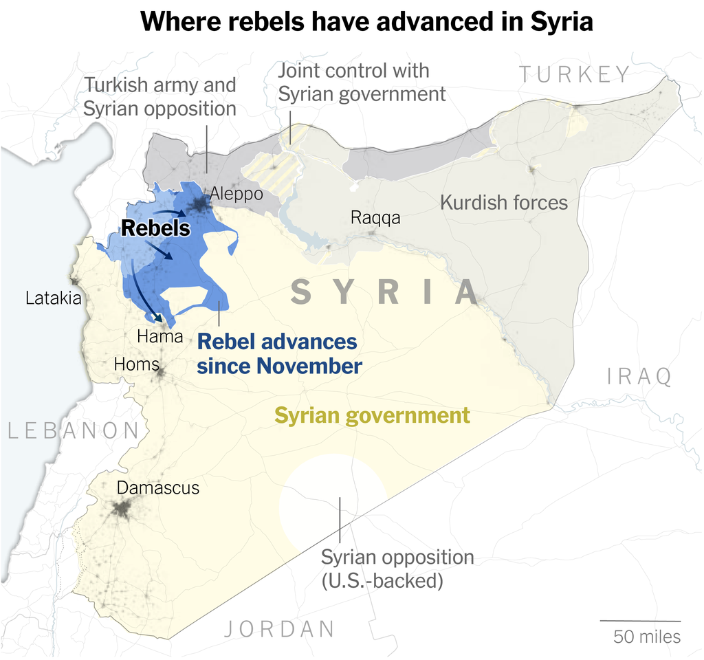 A map shows where Syrian opposition fighters have advanced in and south of Aleppo since late November, expanding the territory under their control instead of under the control of the Syrian government.