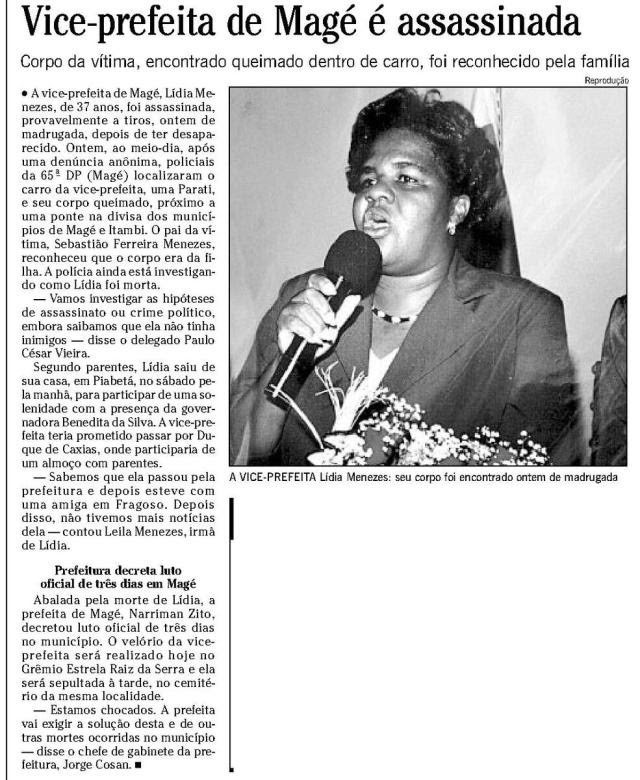 Recorte de jornal noticia assassinato de vice-prefeita 