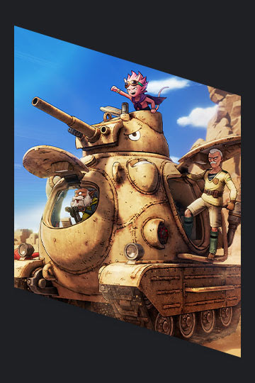 Key art for SAND LAND featuring the main cast of characters piloting a sand-colored anthropomorphic tank.