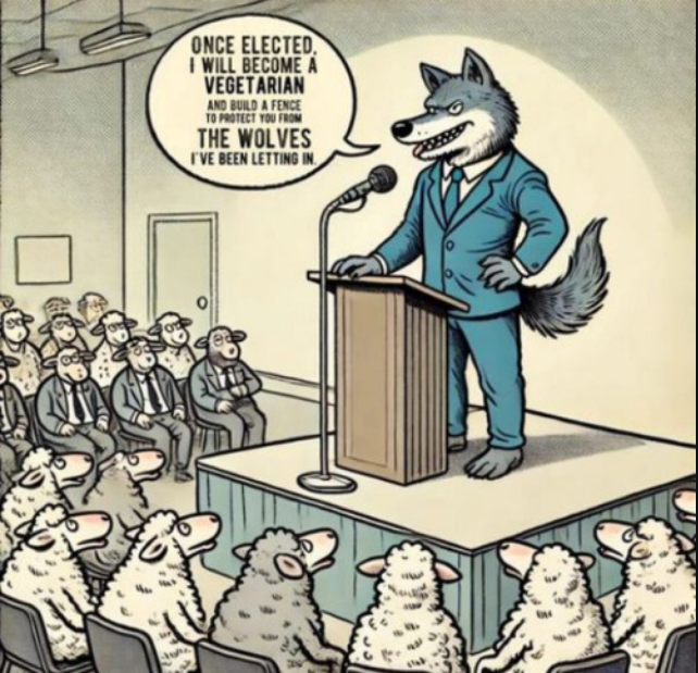 Cartoon of wolf lecturing sheep.