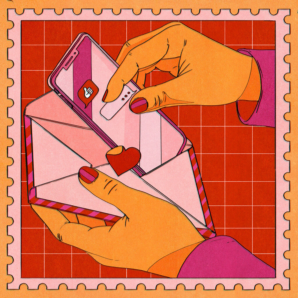 An illustration of hands with red-painted fingernails taking a smartphone, with a thumbs-up emoji on its screen, out of an envelope with a heart sticker peeled back from the opened flap. The background is red with a grid of fine lines across it, and there is a postage-stamp border around the image.