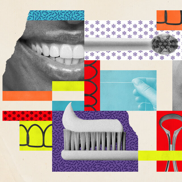 A collage illustration that includes photographs of various dental health related imagery. There are electric and manual toothbrushes, a hand holding floss, a tongue scraper, a crop of a person's big smile, and another of a person sticking their tongue out. The images are accompanied by colorful, patterned strips that resemble washi tape. 