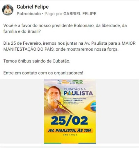 Convocação de Gabriel Felipe para o ato pró-Bolsonaro no dia 25 de fevereiro