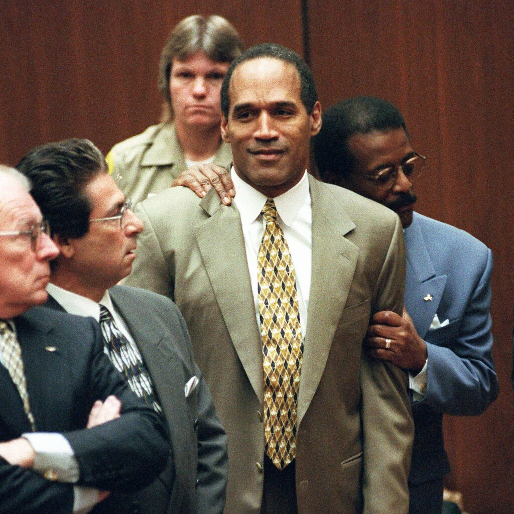 O.J. Simpson wearing a tan suit and yellow patterned tie as he is embraced from behind by his lawyer, Johnnie Cochran.