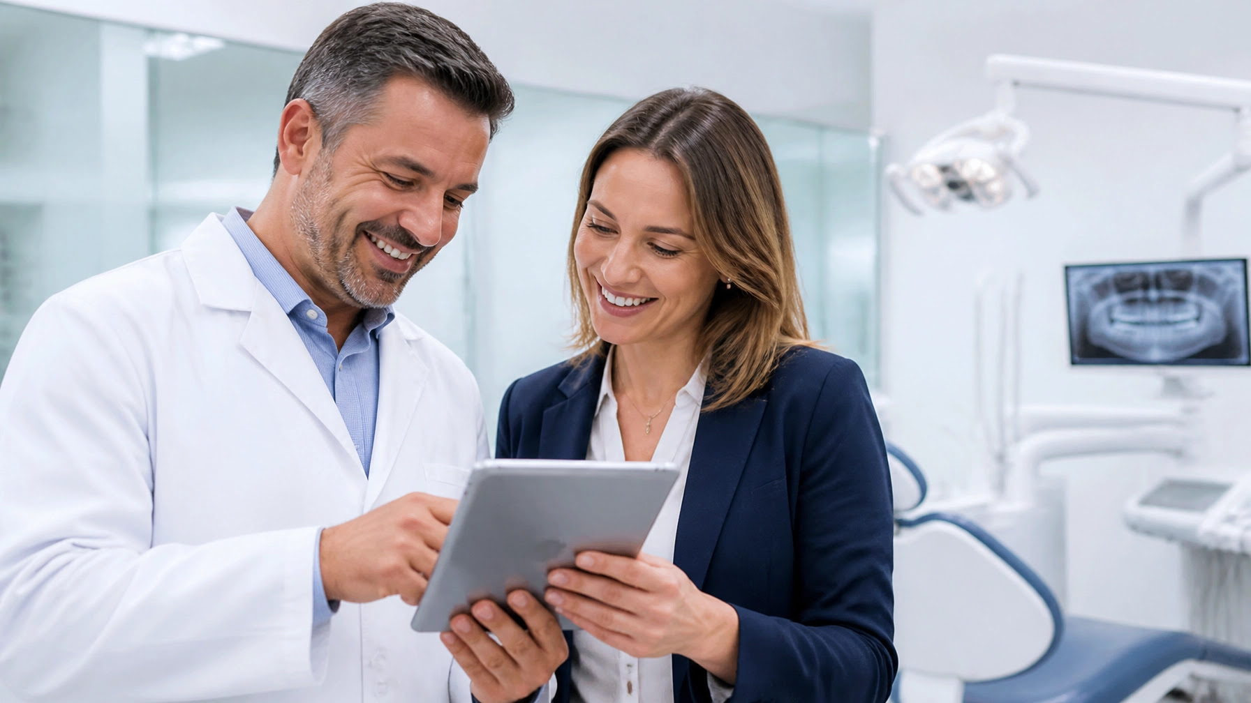Happy dental team looking at a tablet in a modern office Happy dental team looking at a tablet in a modern office