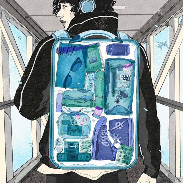 An illustration depicts the back of a person with curly dark hair and headphones wearing a backpack that is transparent. The items inside -- sneakers, clothing, separate small bags containing things like glasses, toothpaste, medications -- are all neatly arranged. The person is standing in a windowed corridor, and, in one corner of the illustration, a plane can be seen rising in the sky.