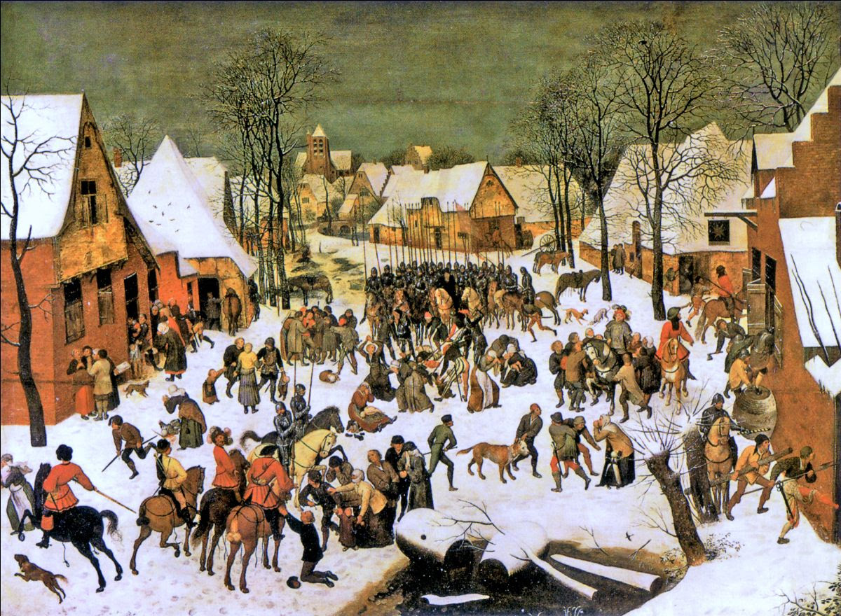 A painting depicting 16th-century villagers in wintertime desperately attempting to protect their infants from being slaughtered by soldiers.