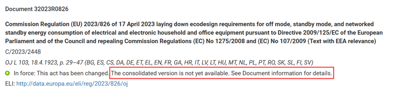 Screenshot of a document header highlighting the text next to the 'in force' indicator, which guides users to the Document information tab.