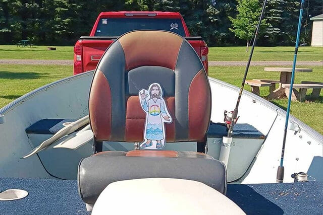 Flat Jesus is showing up in boats and at the market in Arthur, North Dakota. Photo from Arthur UMC's Facebook page.