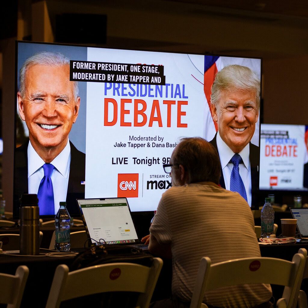 A digital screen shows a slate advertising debate between President Biden and Donald Trump.
