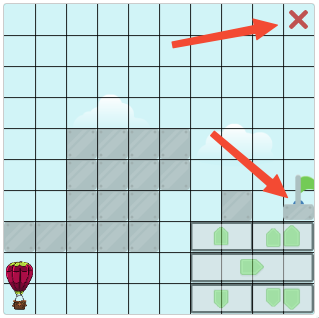 Screenshot of an example thumbnail. There is a hot air balloon in the bottom left corner and there are several barriers between it and the goal flag on the right edge of the screen. The goal flag has a blue point behind it. There are several buttons for controlling the balloon in the bottom right corner of the screen. There is also a red