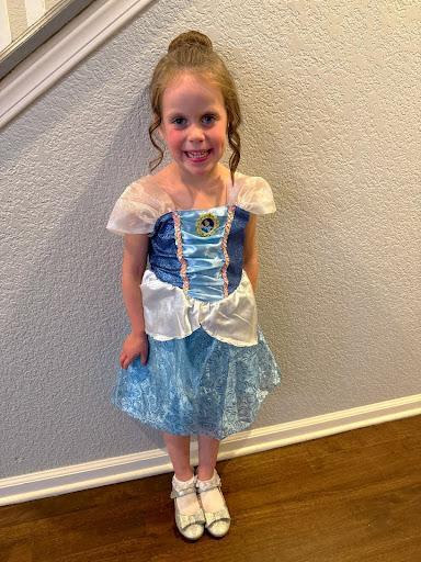 Picture of a little girl in a blue princess dress with a big smile. 