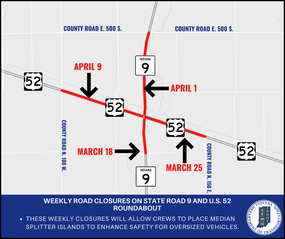 Weekly Road Closures on State Road 9 and U.S. 52 Roundabout 