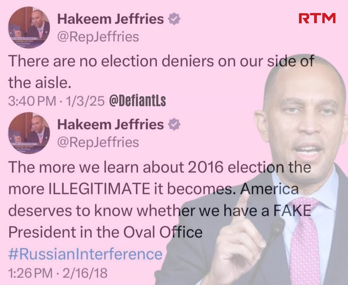 Hypocrite Hakeem Jeffries says Dems are not election deniers., The denies the election.