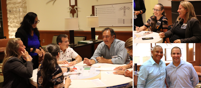 Collage de tres fotos tomadas durante la academia WestonGov. Adultos reunidos alrededor de mesas discutiendo un proyecto.
