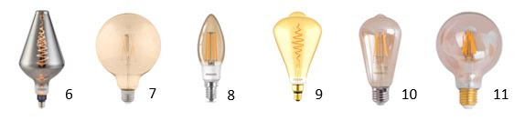 6. Lâmpada led filamento de soquete E27 (1800K e 2W) na cor fumê, da marca Ledvance, por R$ 485 / 7. Lâmpada led globo vintage, filamento G125 de soquete E27 (2700K e 2W), da marca Stella, por R$ 75 / 8. Lâmpada led vela filamento E14 (2500K e 2,7W), da marca Philips, por R$ 33 / 9. Lâmpada led big filamento E27 (2000K e 5W), da marca Ledvance, por R$ 228 / 10. Lâmpada led bulbo filamento E27 e dimerizável (2200K e 5W) da marca Philips, por R$ 52 / 11. Lâmpada led globo filamento de soquete E27 e dimerizável (2400K e 4,5W), 127V, da marca Stella, por R$ 33.