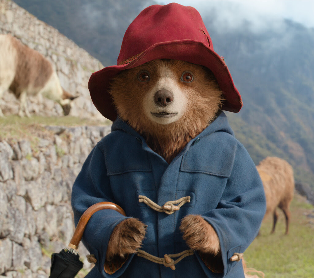 An image of an animated bear with a red hat and blue coat, standing on a mountainside. 