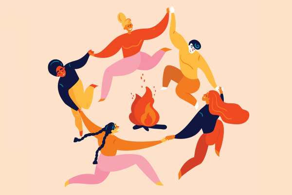 5 colorfully illustrated figures hold hands around a campfire.