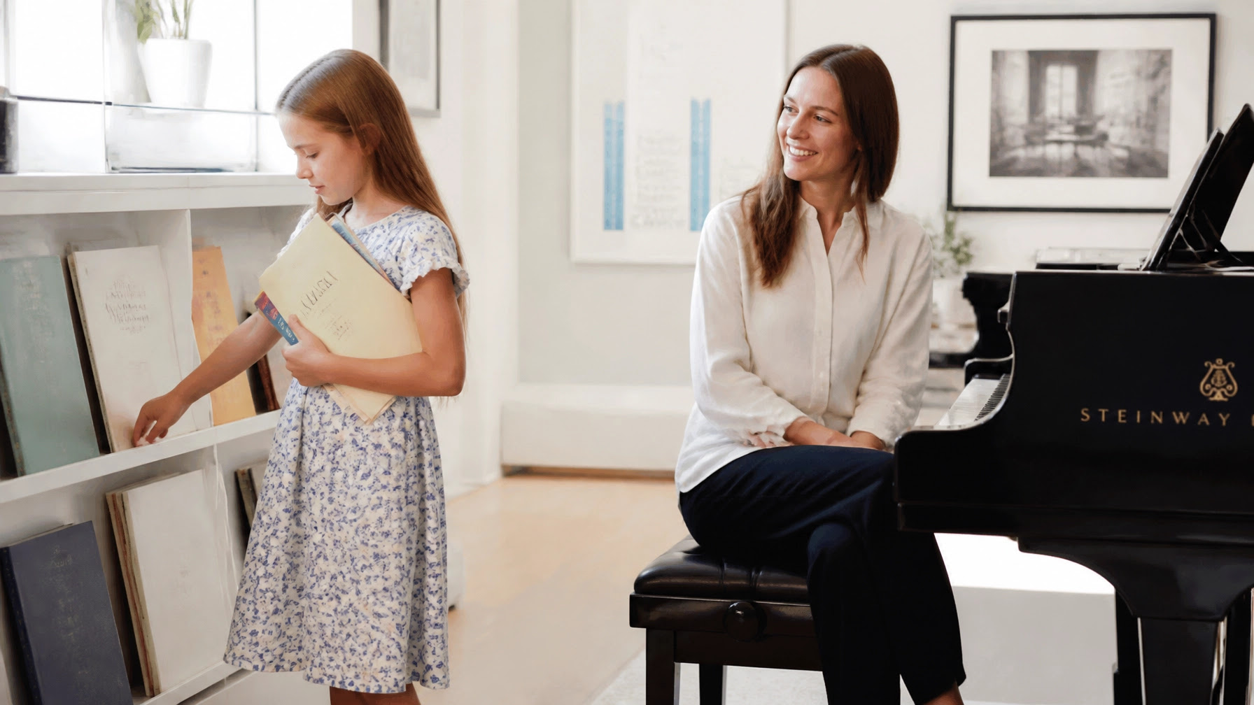 A high-quality, professional, minimalist photo of a child choosing music materials during a piano lesson in a bright and airy studio setting, with natural lighting and soft blue accents. A high-quality, professional, minimalist photo of a child choosing music materials during a piano lesson in a bright and airy studio setting, with natural lighting and soft blue accents.