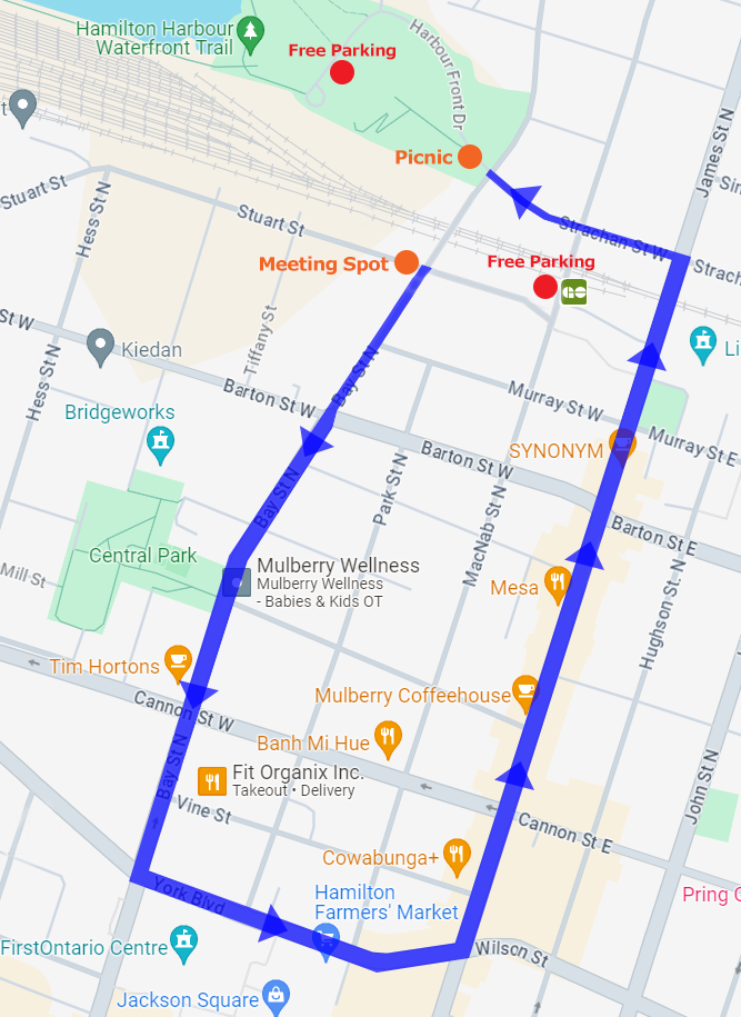 A map of the parade route, picnic location, and free parking locations. Details in email content.